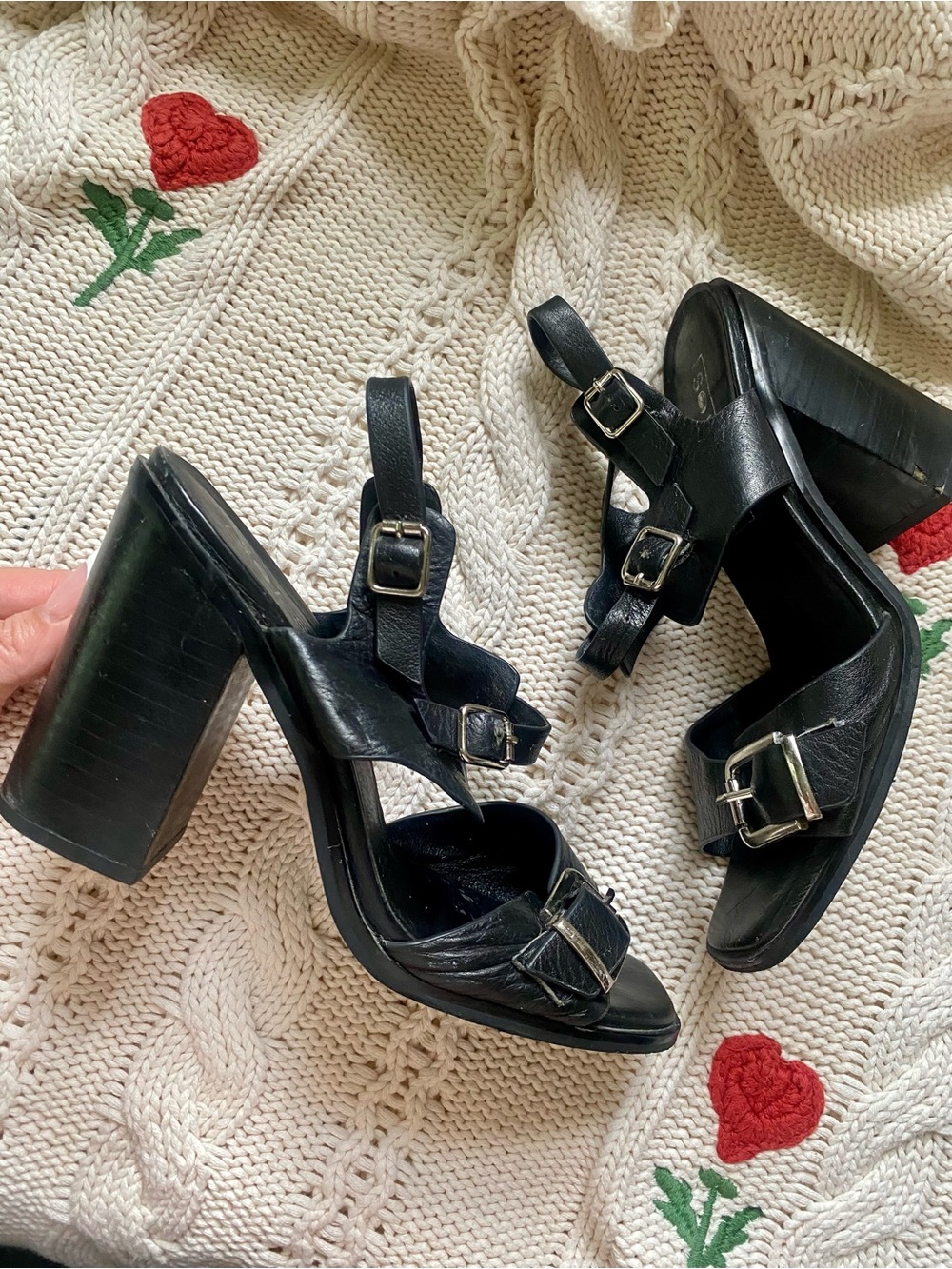 90s Square toe buckle Block Heel Sandals
